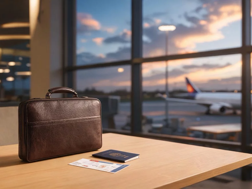 Minh hoạ hồ sơ visa công tác: hộ chiếu, thư mời đóng dấu sáp, thẻ lên đường và máy bay trên đường bay